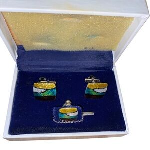 Vintage sun eagle shippo Cloisonne Wireless Enamel Men’s Cufflinks Tie Tack Set
